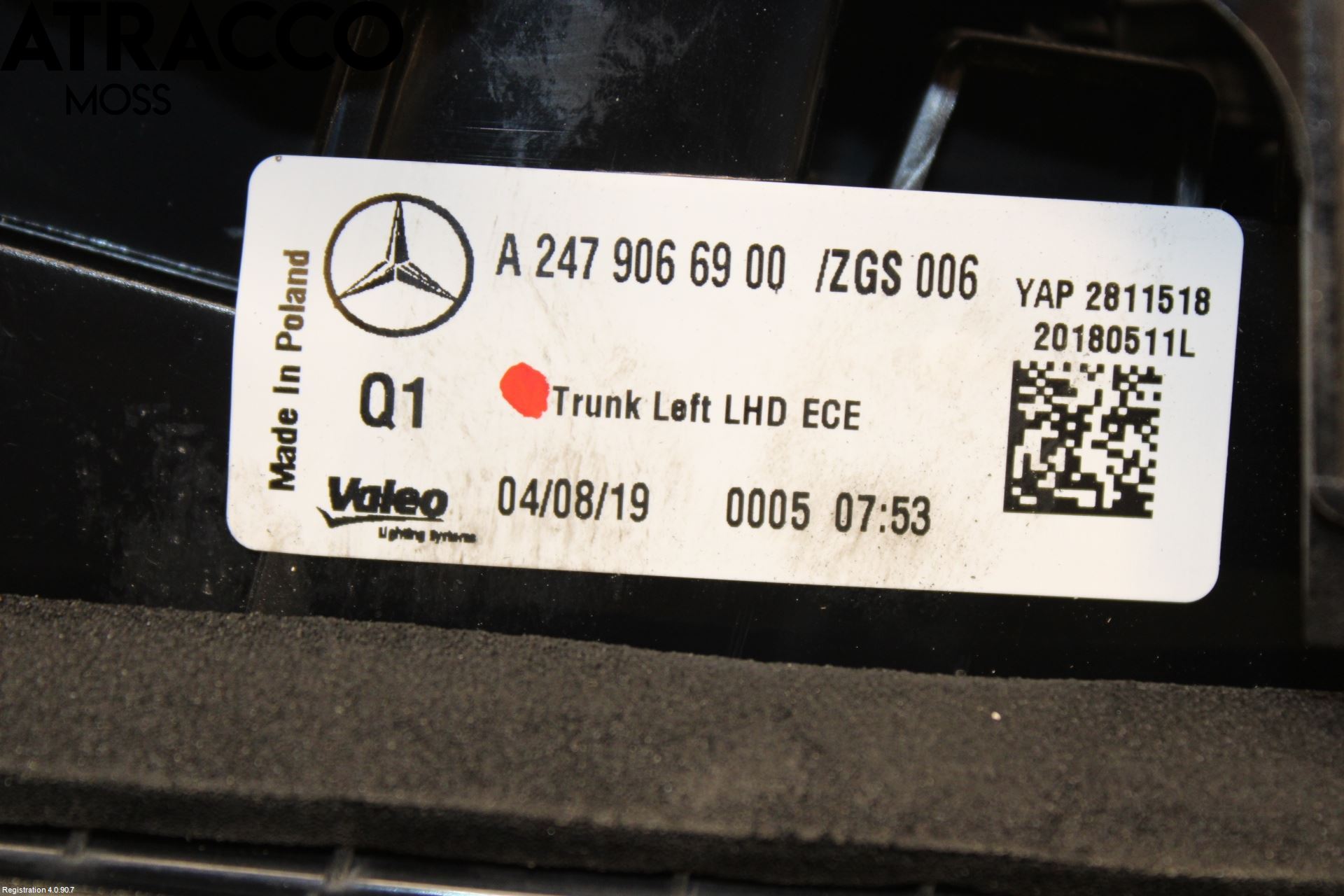 Mercedes-Benz MB B-KLASS (W246/W242) 12-19 Baklykt Venstre  På Luke(Indre