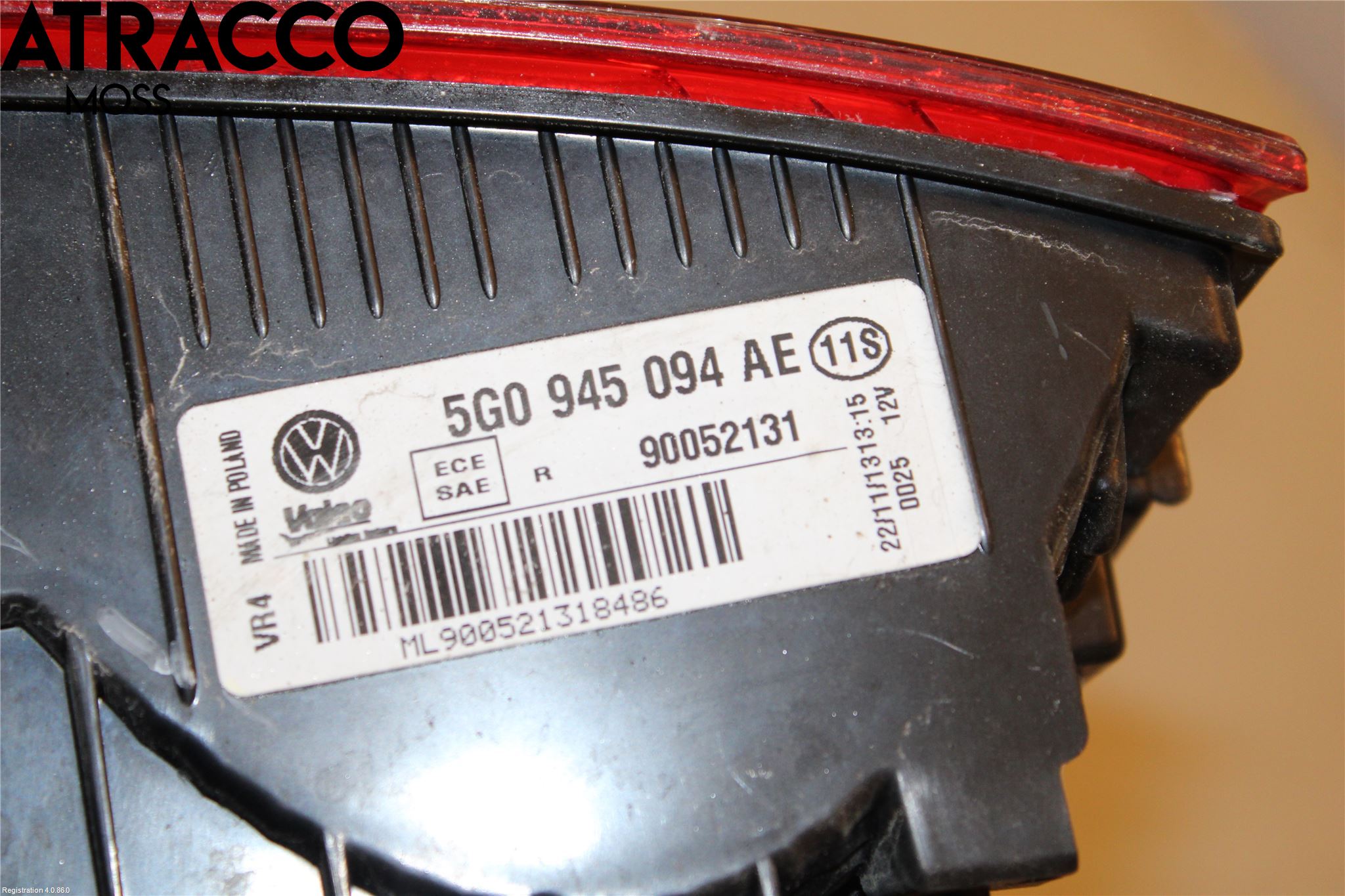 Volkswagen VW GOLF / E-GOLF VII 13-20 Baklykt Høyre  På Luke(Indre)