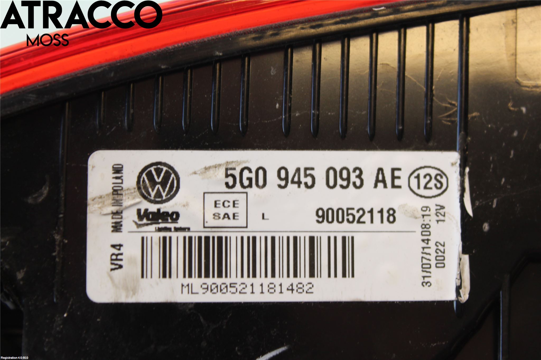 Volkswagen VW GOLF / E-GOLF VII 13-20 Baklykt Venstre  På Luke(Indre