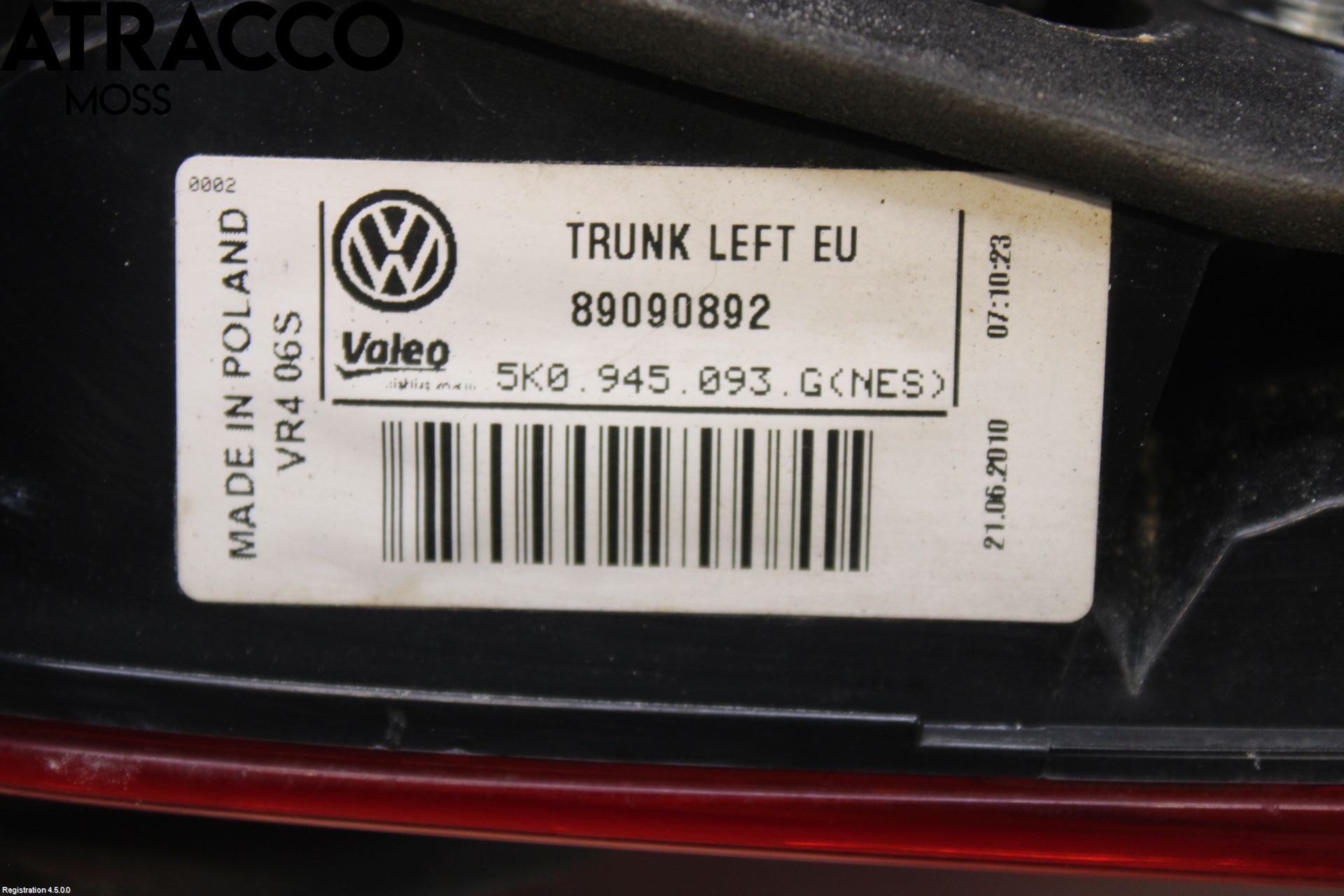 Volkswagen VW GOLF VI 09-13 Baklykt Venstre  På Luke(Indre