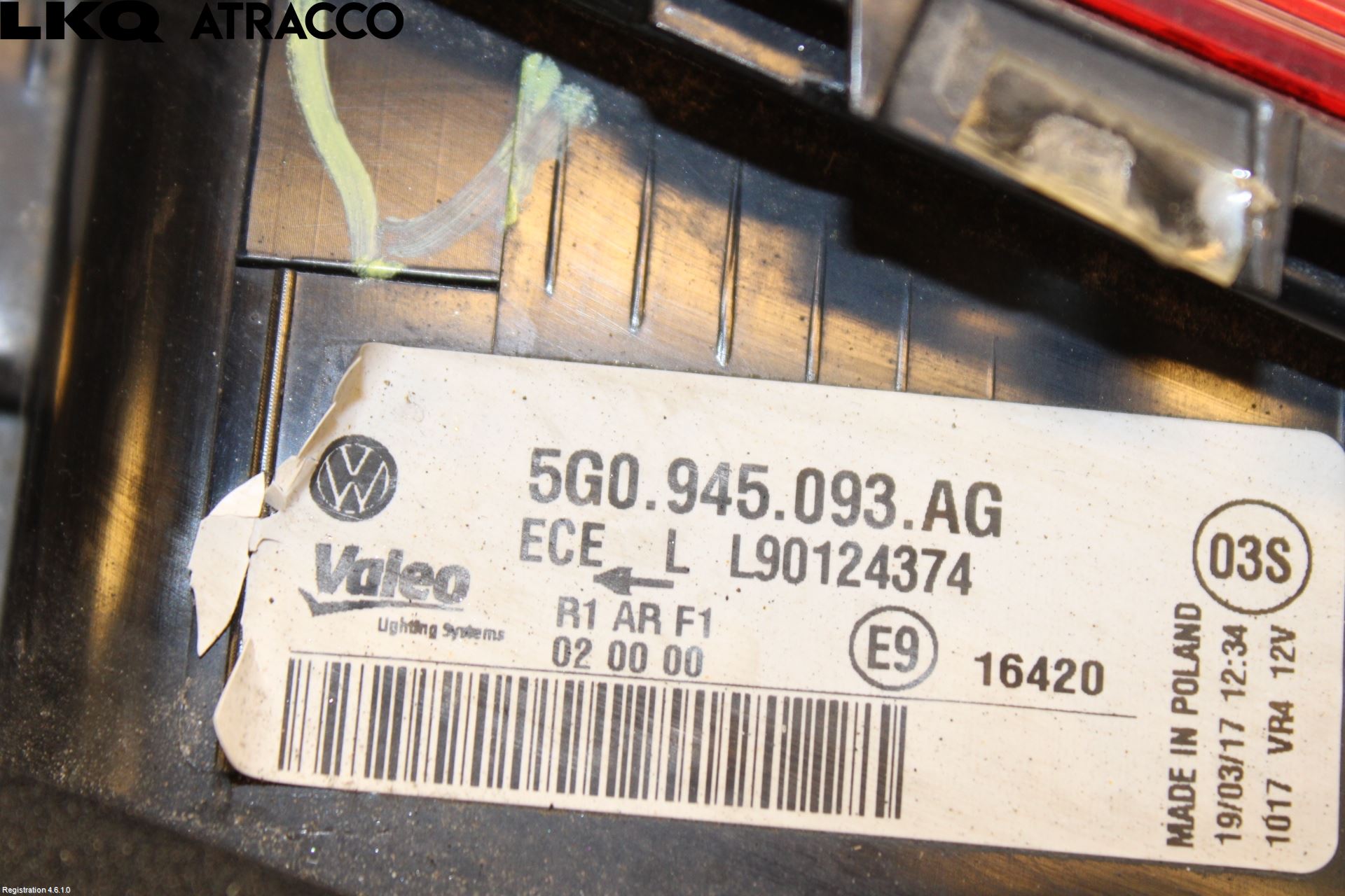 Volkswagen VW GOLF / E-GOLF VII 13-20 Baklykt Venstre  På Luke(Indre