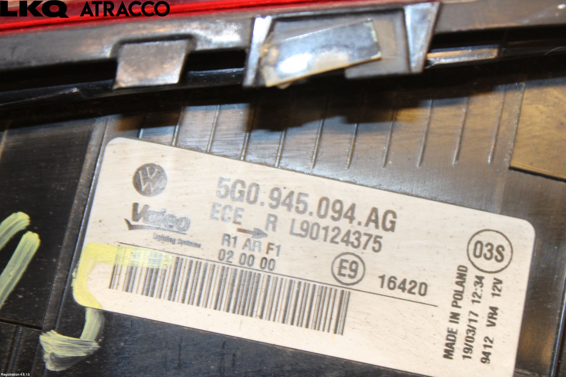 Volkswagen VW GOLF / E-GOLF VII 13-20 Baklykt Høyre  På Luke(Indre)