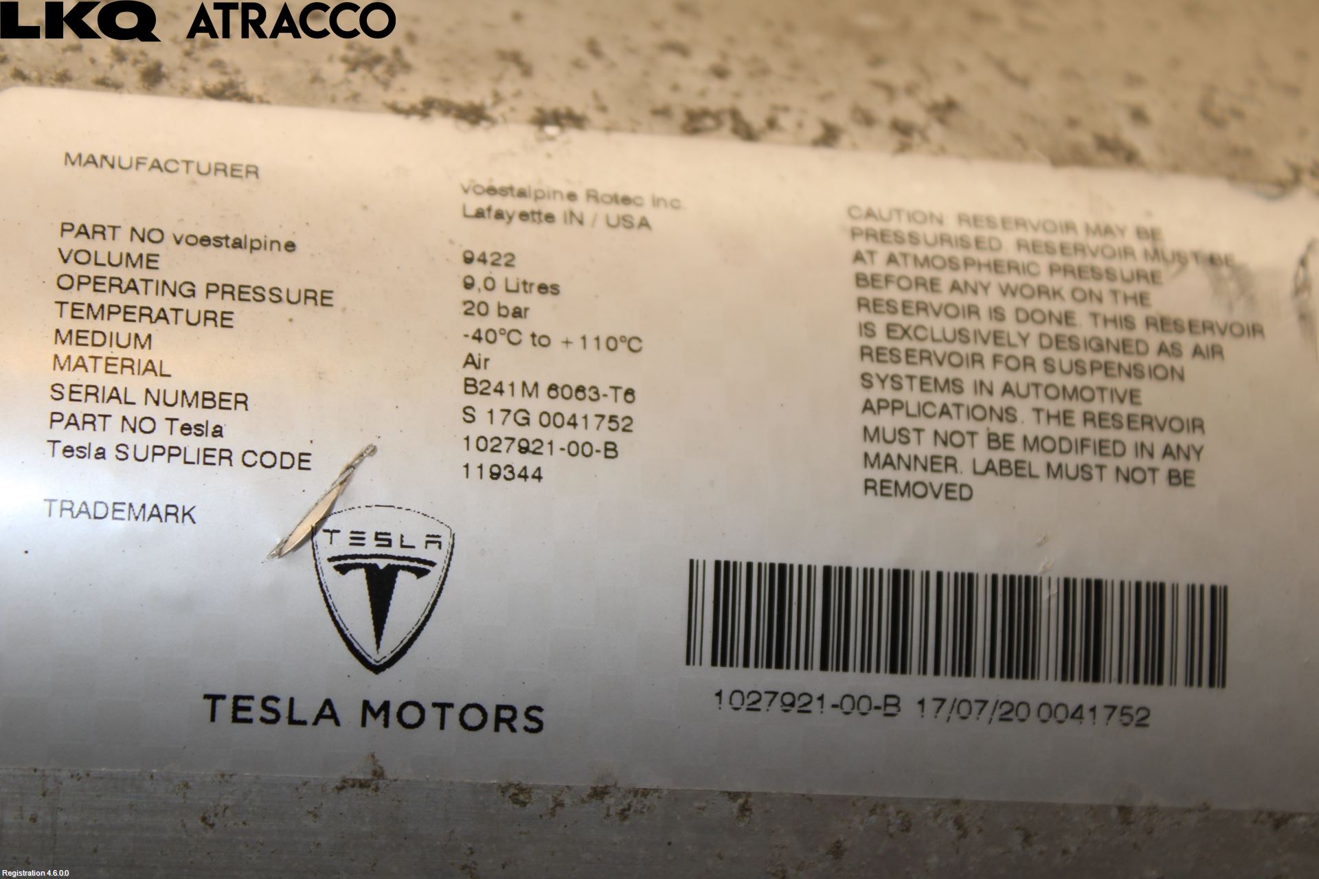 Tesla MODEL X 16- Nivå/Lufrfrändring Trycktank