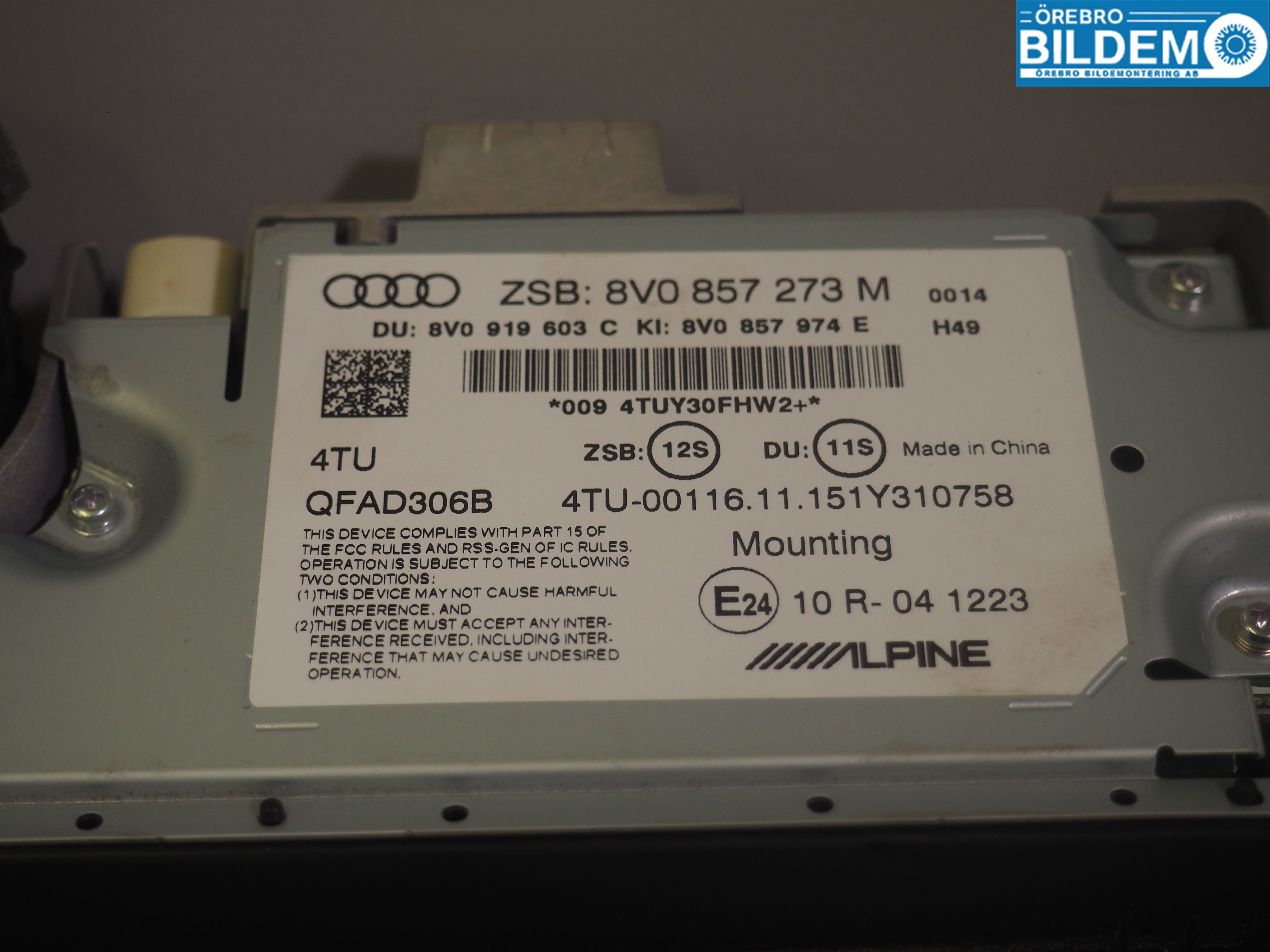 Audi A3/S3 8V 13-20 Instr Skjerm Dvd-Gps-Ac-Tlf