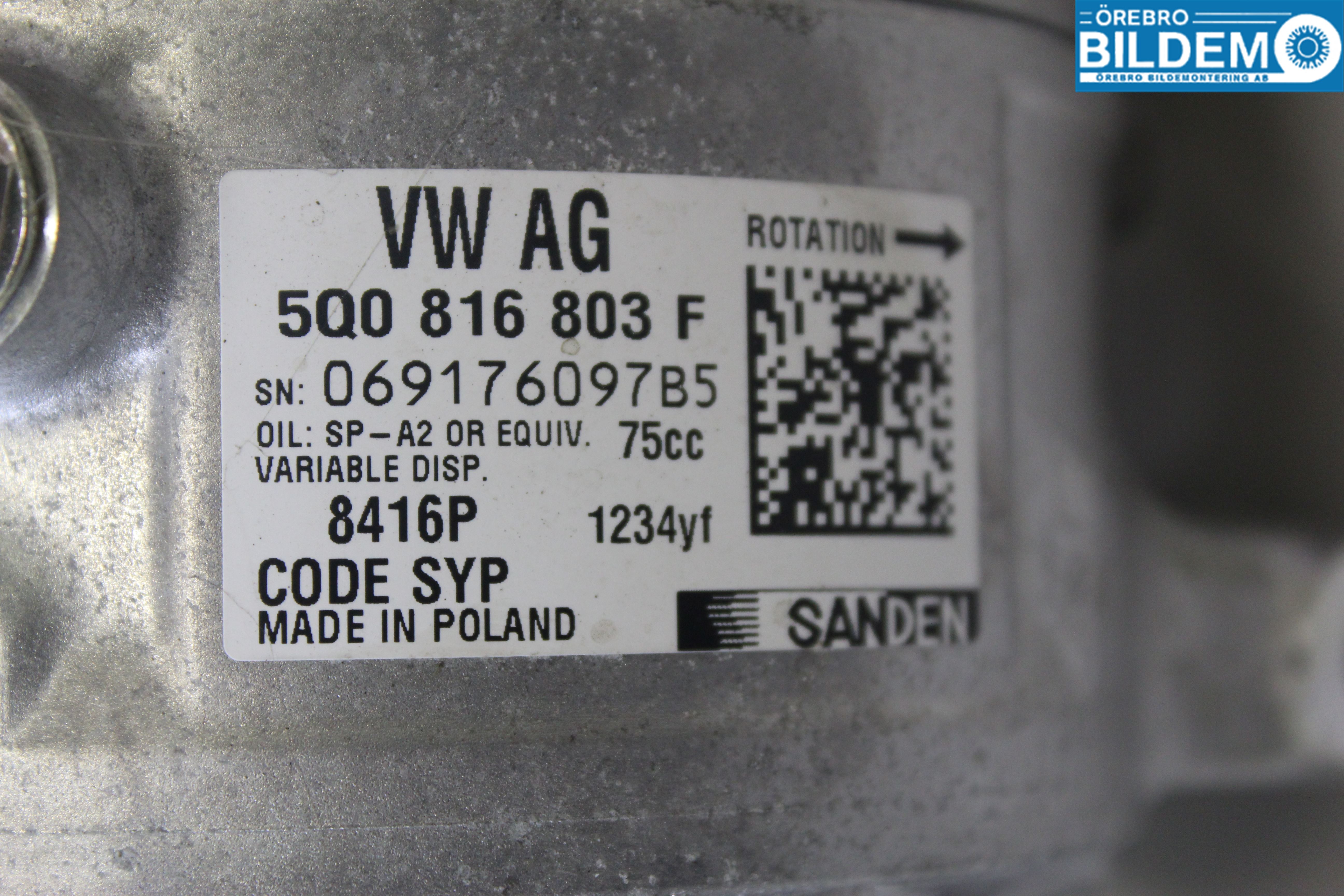 Volkswagen VW GOLF / E-GOLF VII 13-20 Varme Ac Kompressor
