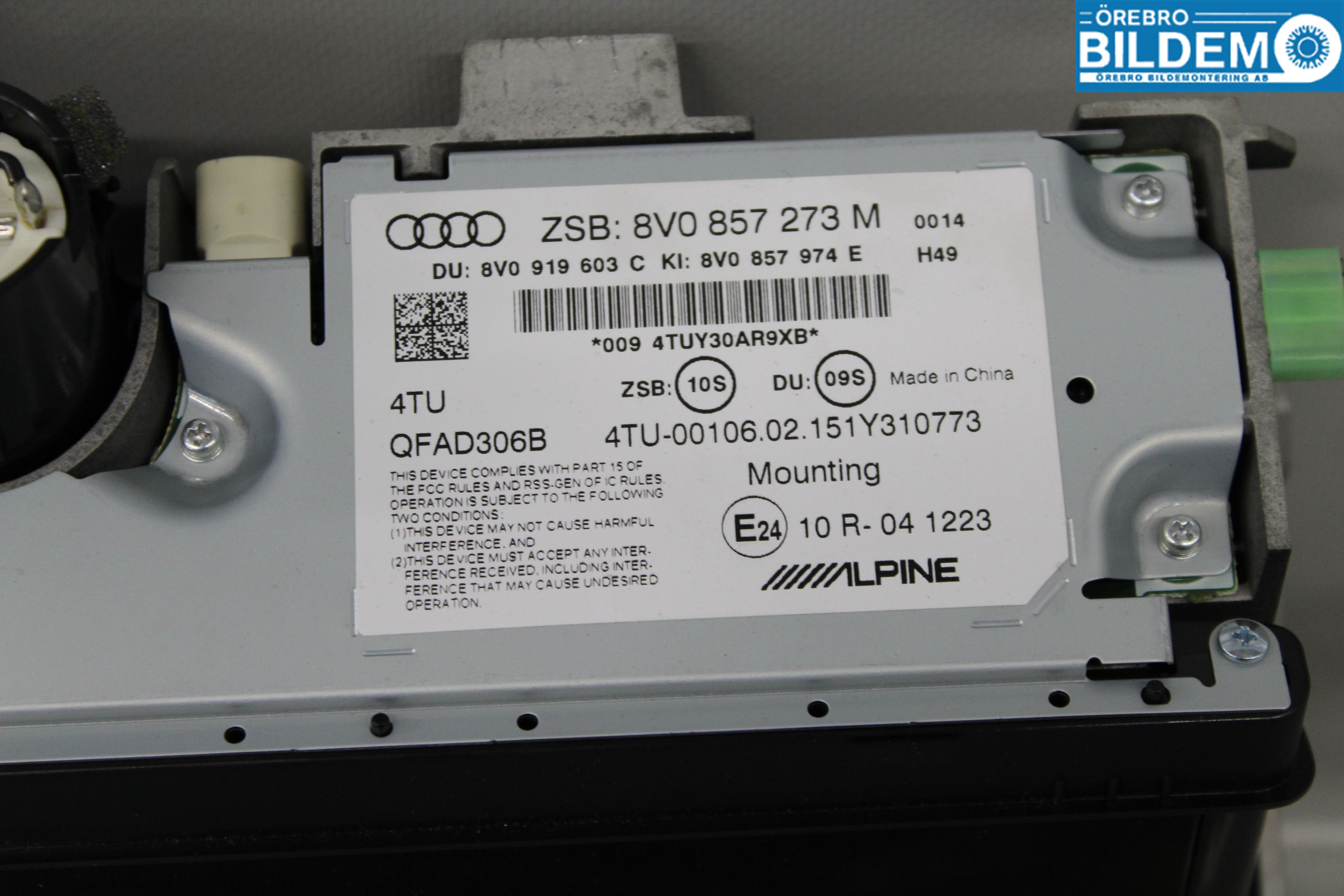 Audi A3/S3 8V 13-20 Instr Skjerm Dvd-Gps-Ac-Tlf