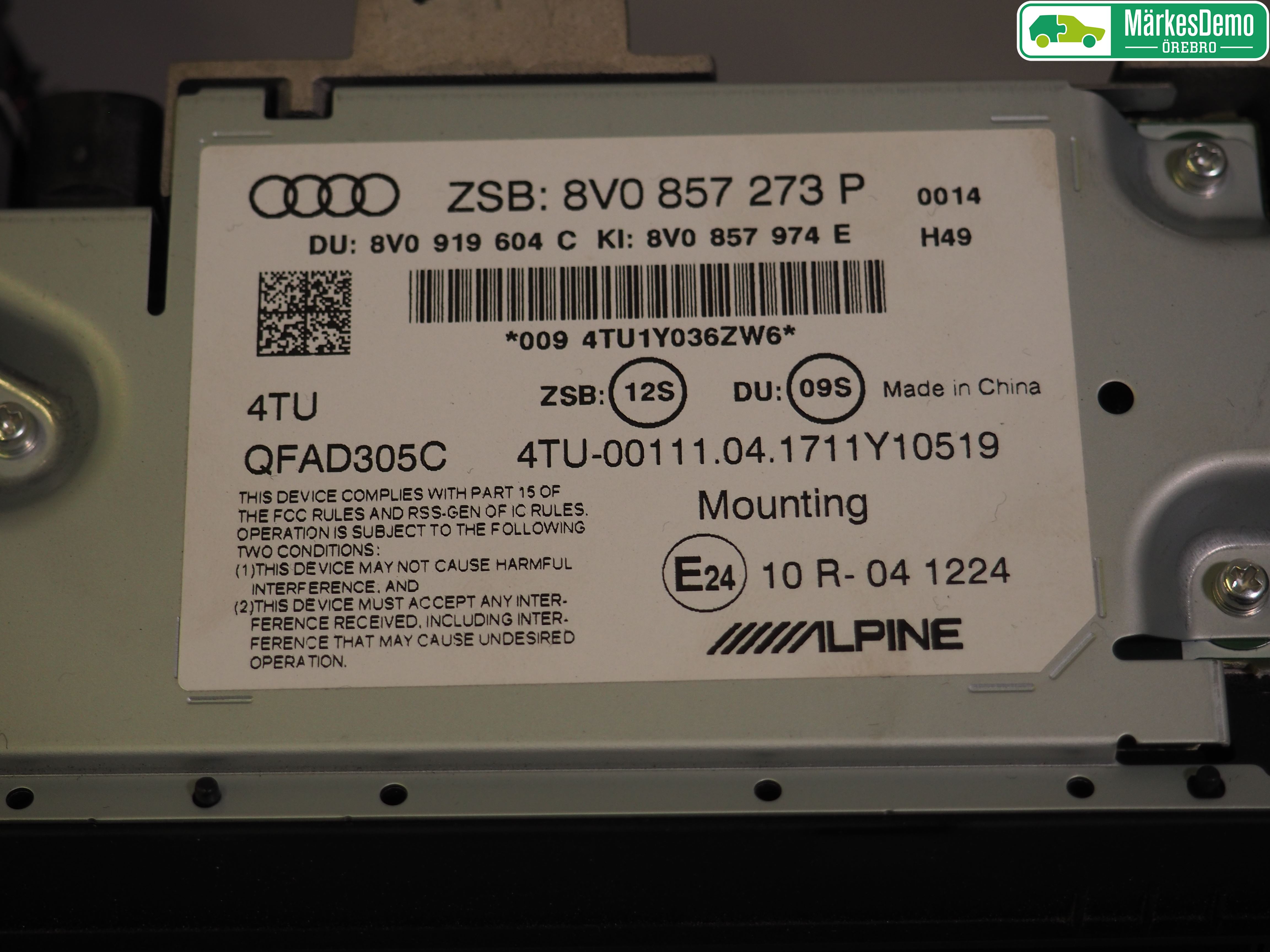 Audi A3/S3 8V 13-20 Instr Skjerm Dvd-Gps-Ac-Tlf