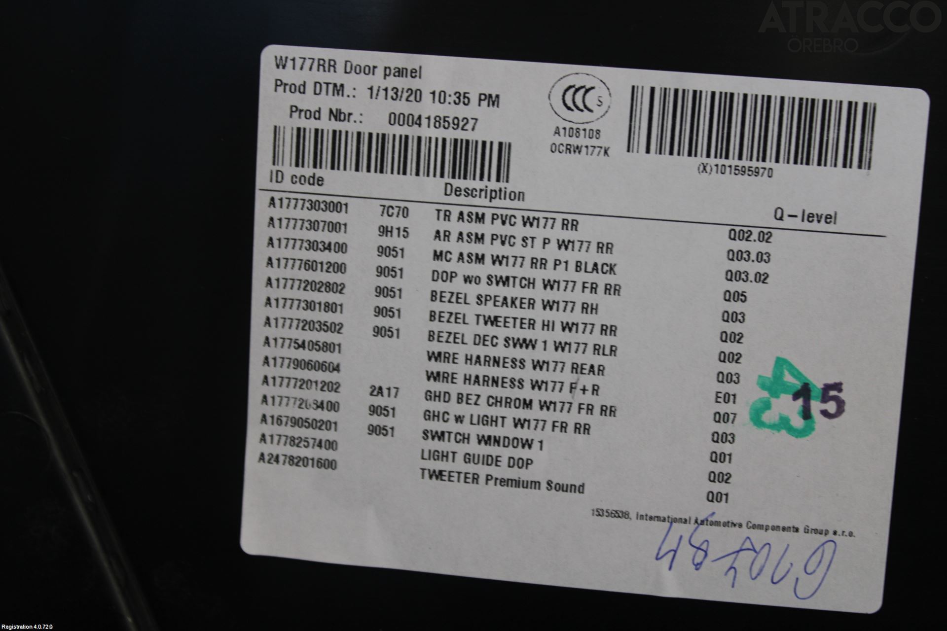 Mercedes-Benz MB A-KLASS (W177) 18- Innr Dørtrekk Høyre