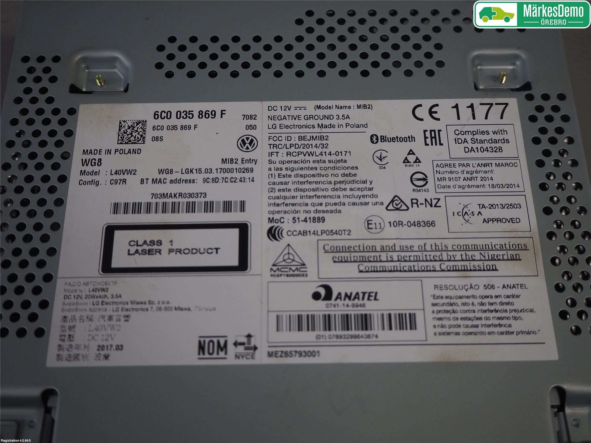 Volkswagen VW POLO 10-17 Stereo Radio Med Cd
