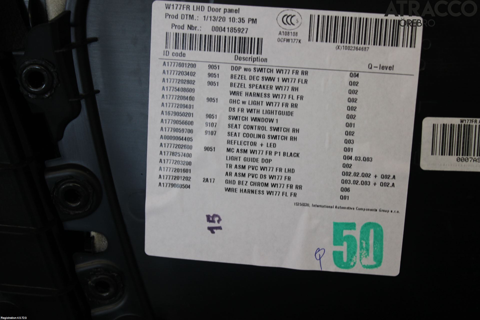Mercedes-Benz MB A-KLASS (W177) 18- Innr Dørtrekk Høyre