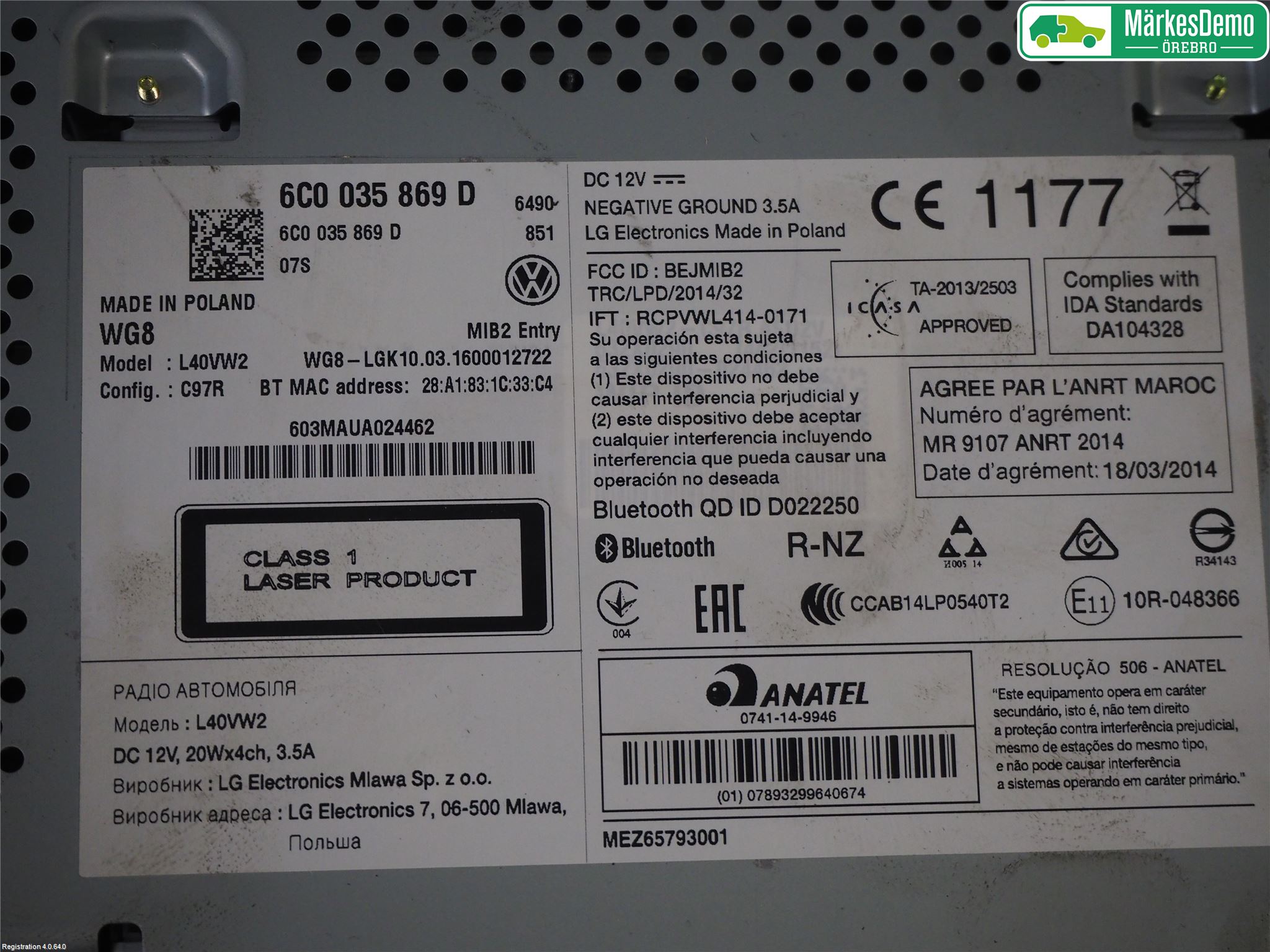 Volkswagen VW POLO 10-17 Stereo Radio Med Cd