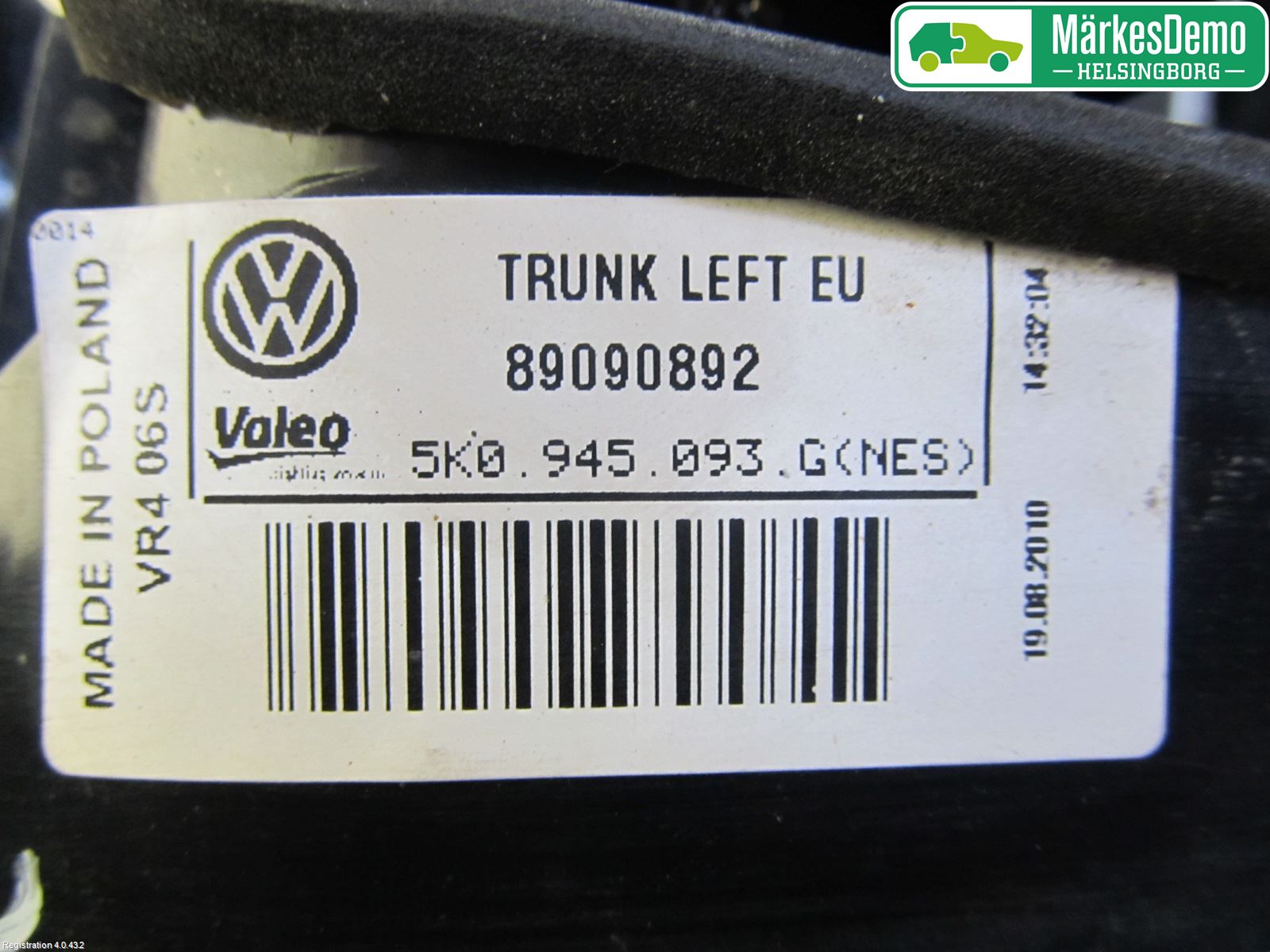 Volkswagen VW GOLF VI 09-13 Baklykt Venstre  På Luke(Indre