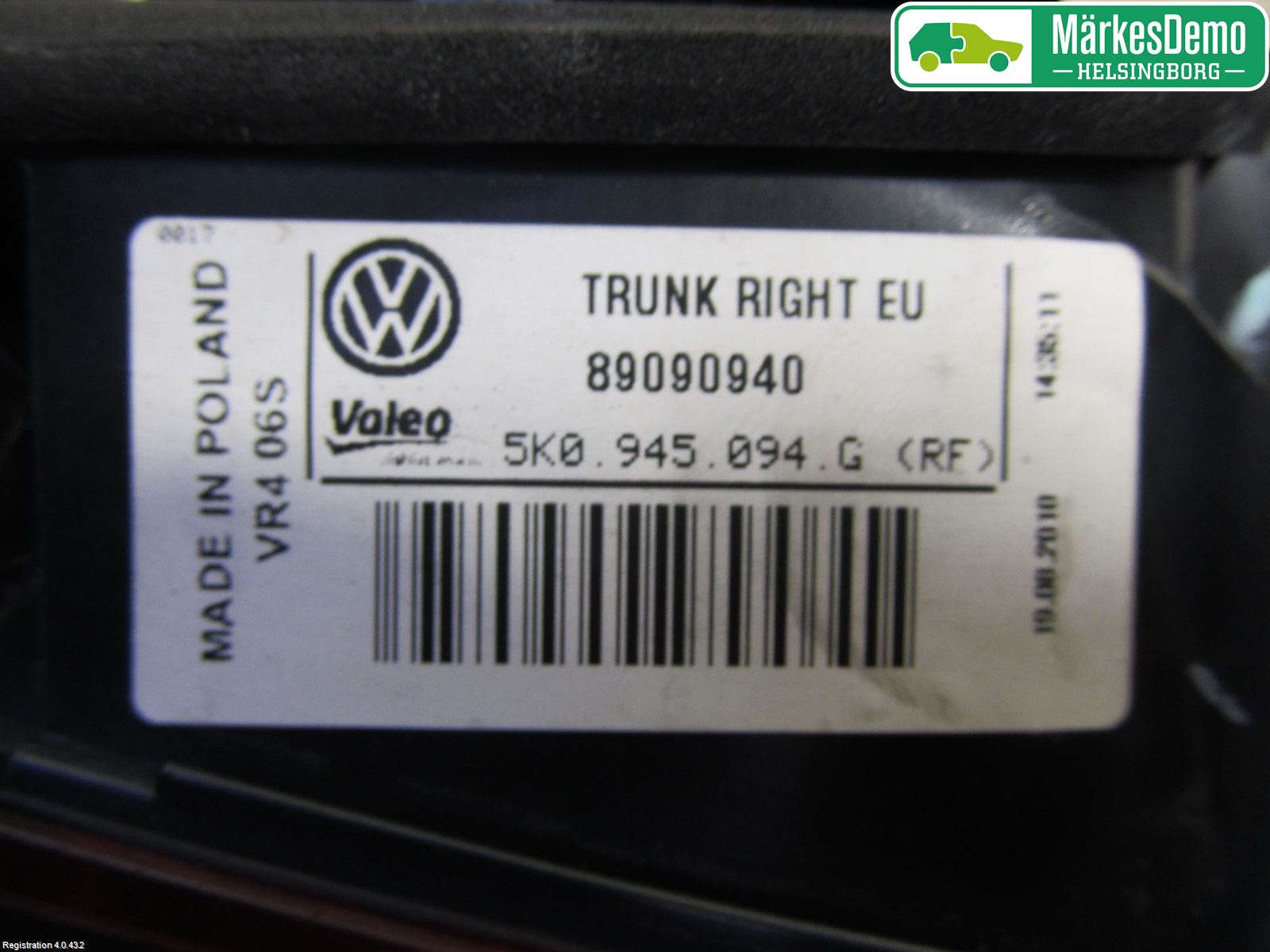 Volkswagen VW GOLF VI 09-13 Baklykt Høyre  På Luke(Indre)