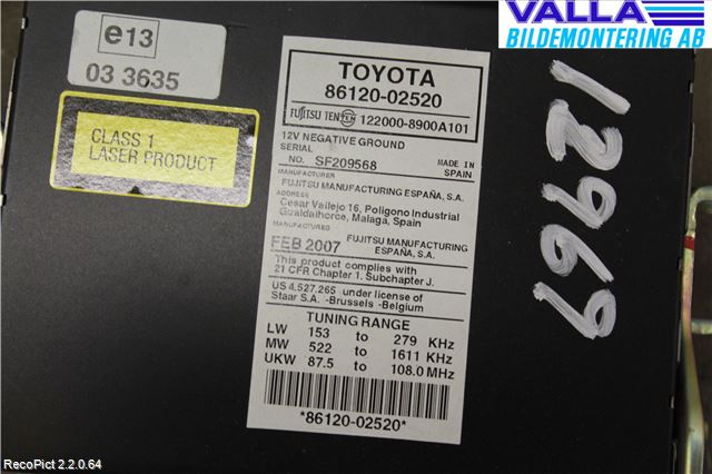 Toyota AURIS 07-09 Stereo Radio Med Cd