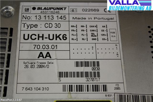 Opel VECTRA C 06-08 Stereo Radio Med Cd