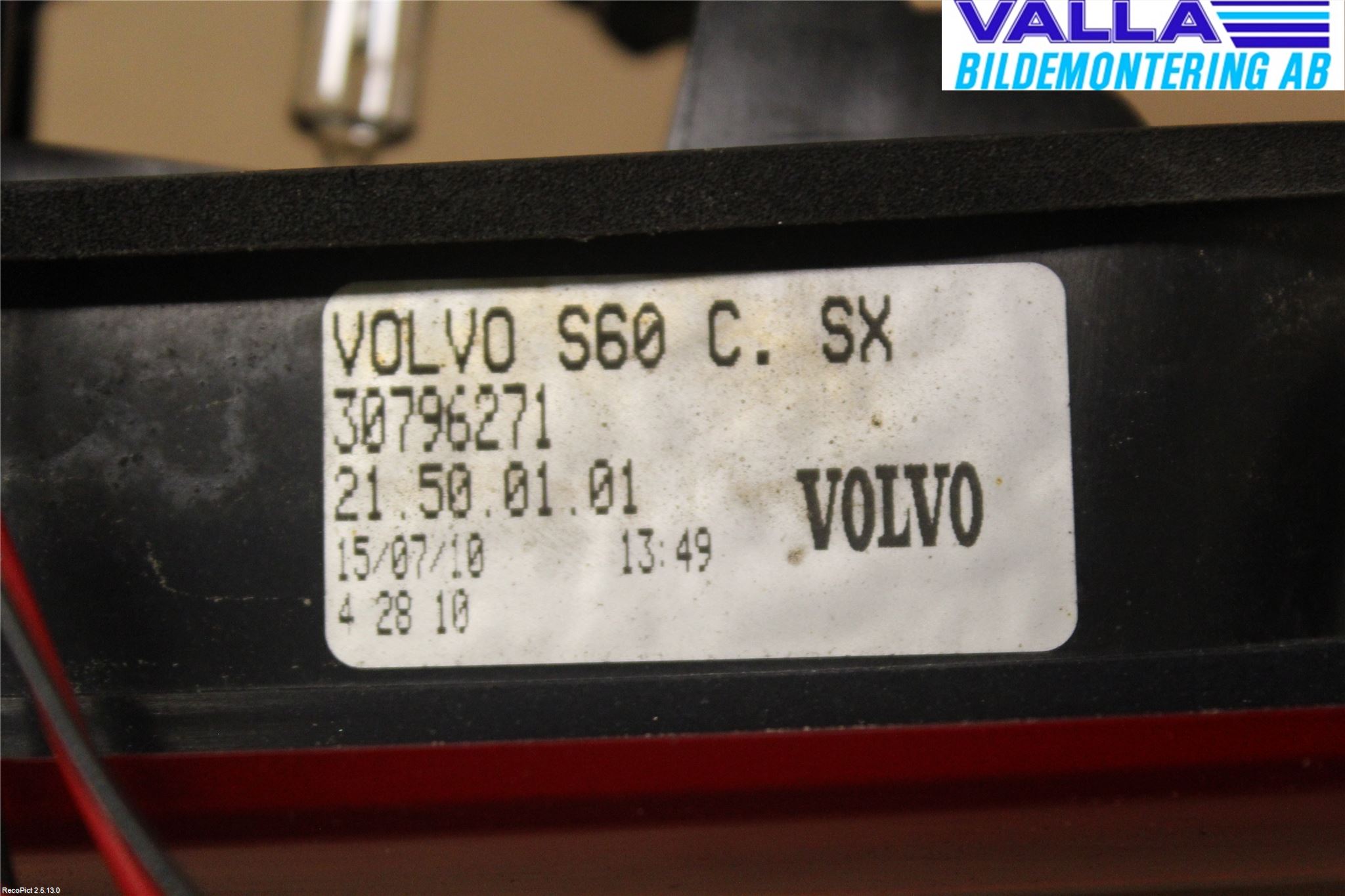 Volvo S60 11-13 Baklykt Venstre  På Luke(Indre