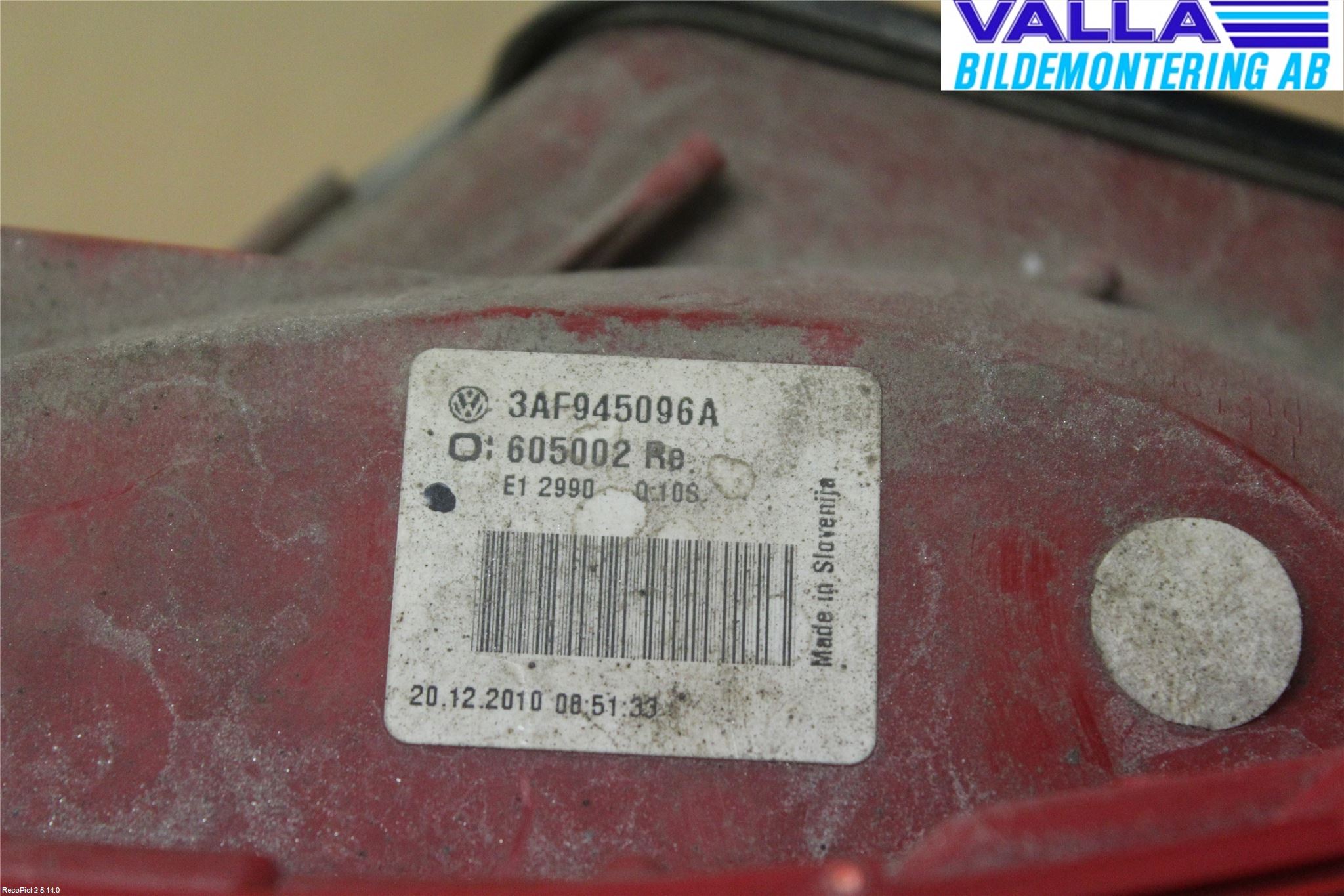 Volkswagen VW PASSAT 11-14 Baklykt Høyre