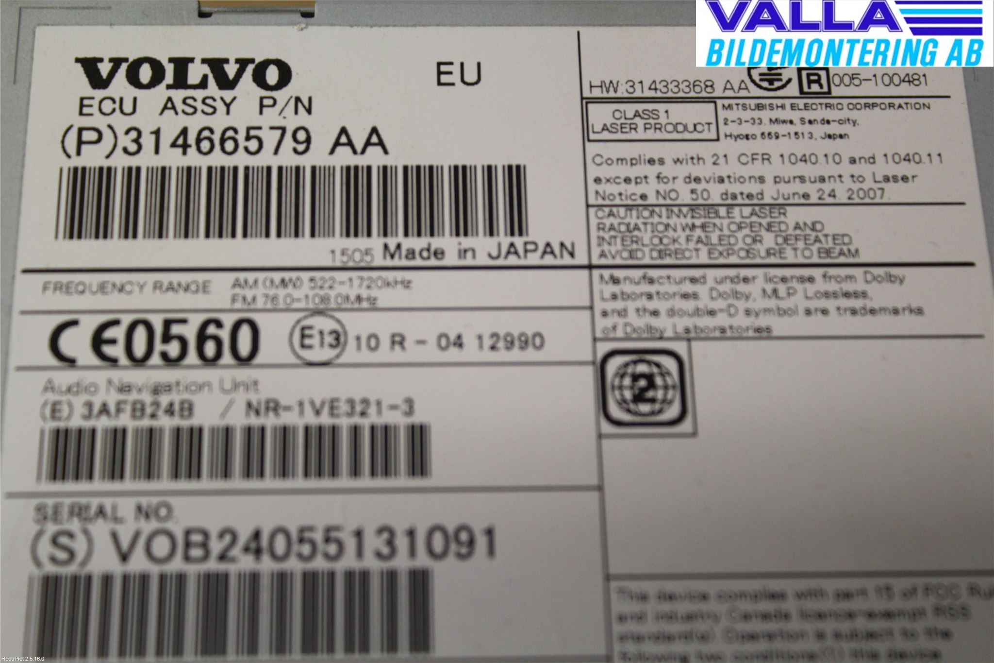 Volvo V60 14-18 Stereo Radio Med Cd