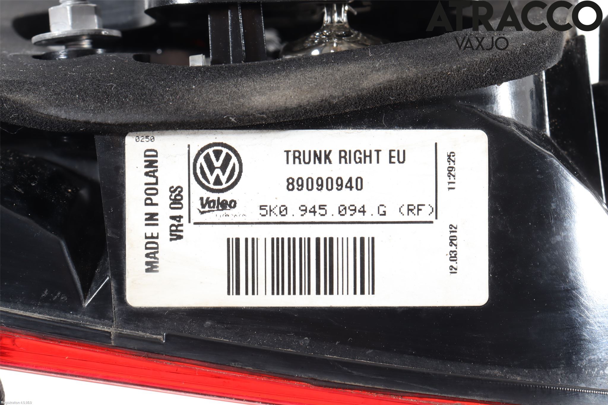 Volkswagen VW GOLF VI 09-13 Baklykt Høyre  På Luke(Indre)