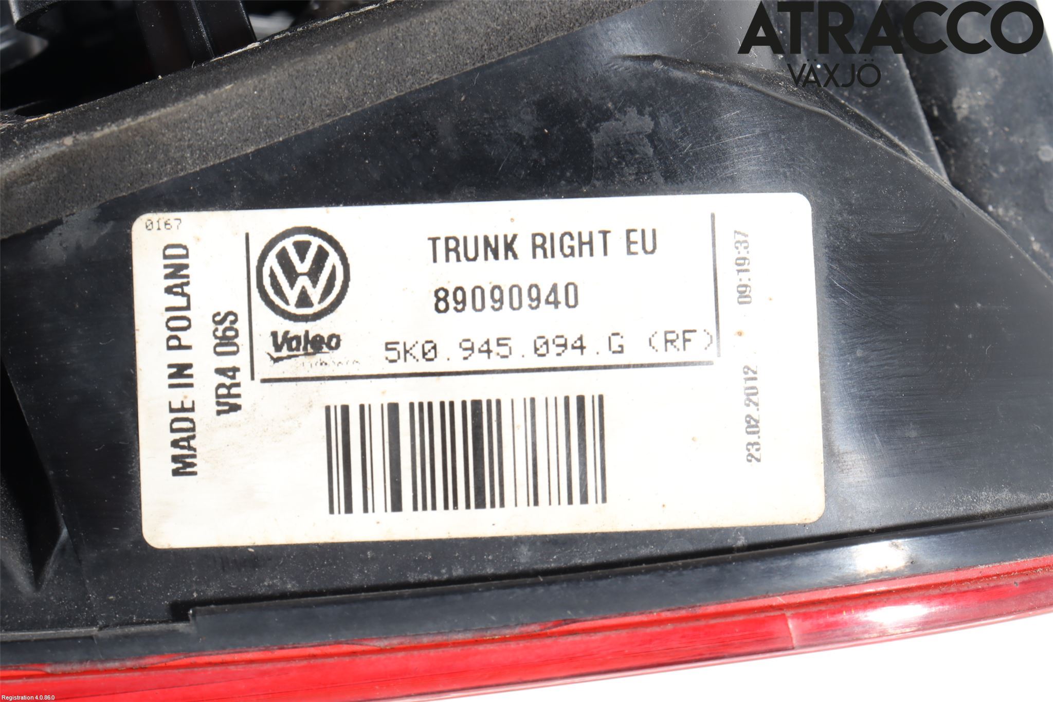 Volkswagen VW GOLF VI 09-13 Baklykt Høyre  På Luke(Indre)