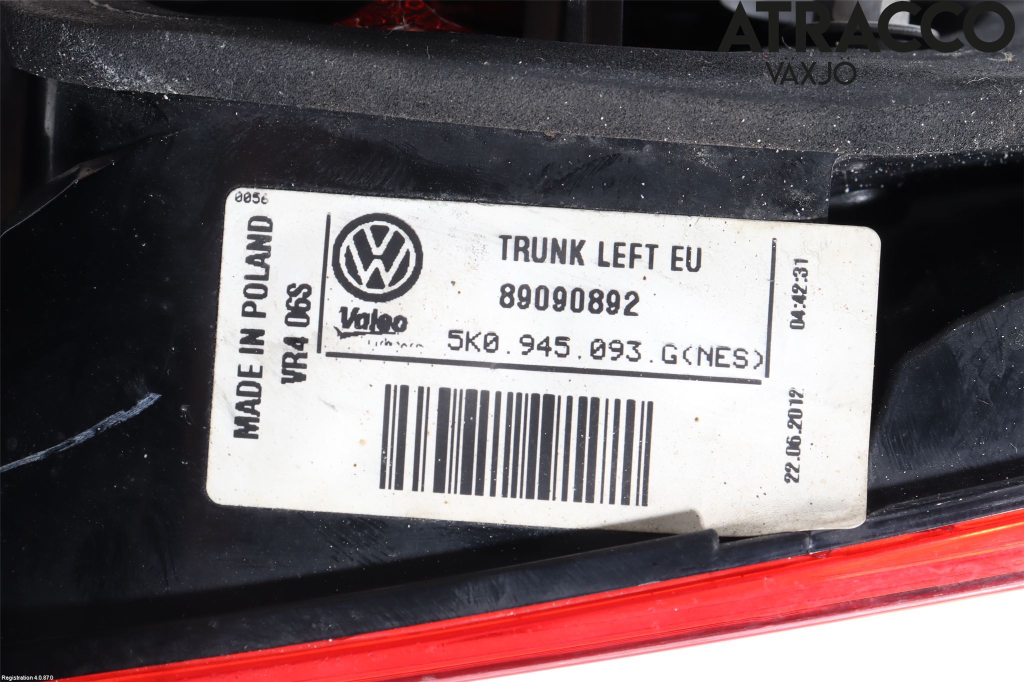 Volkswagen VW GOLF VI 09-13 Baklykt Venstre  På Luke(Indre