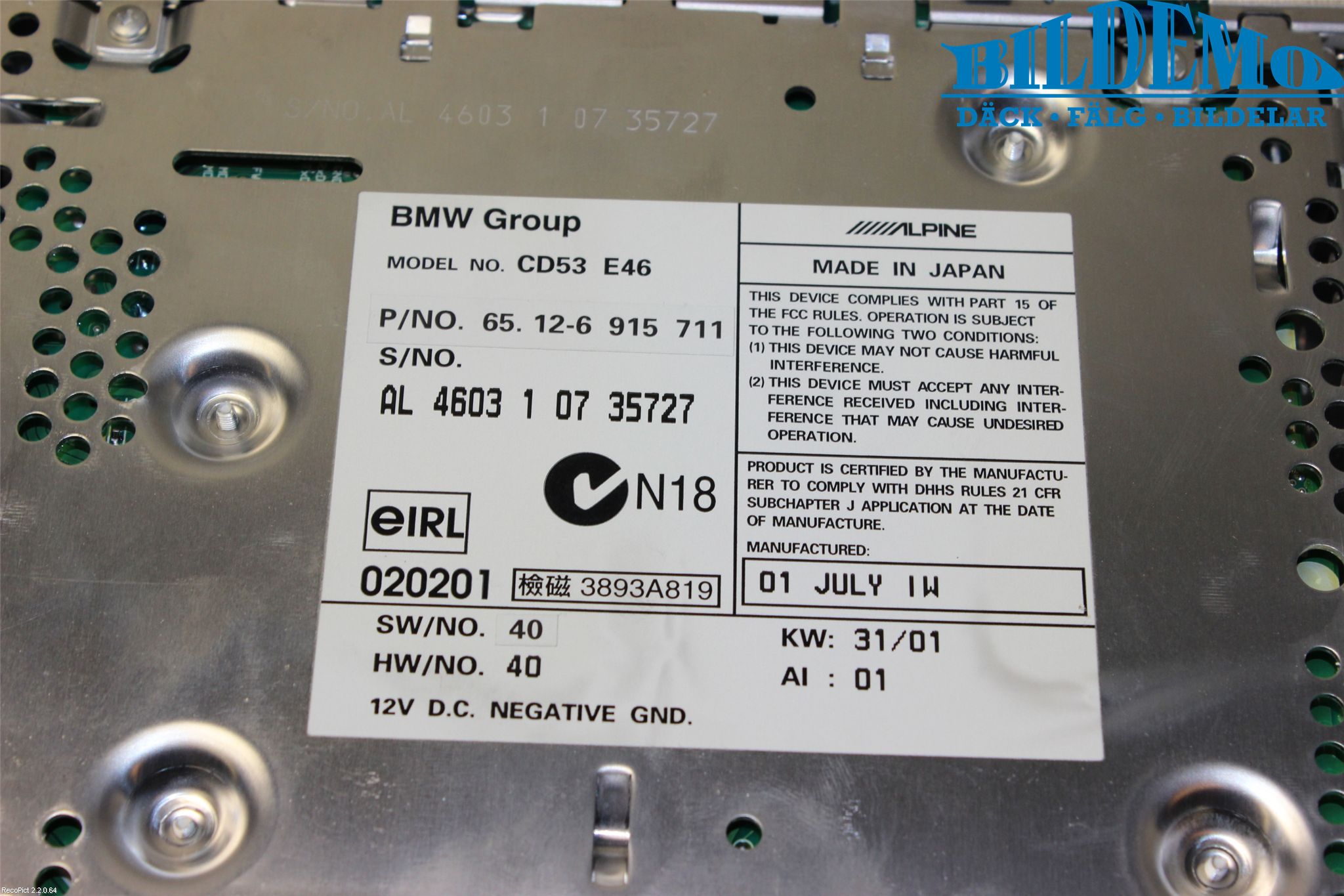 BMW 3 E46      98-05 Stereo Radio Med Cd