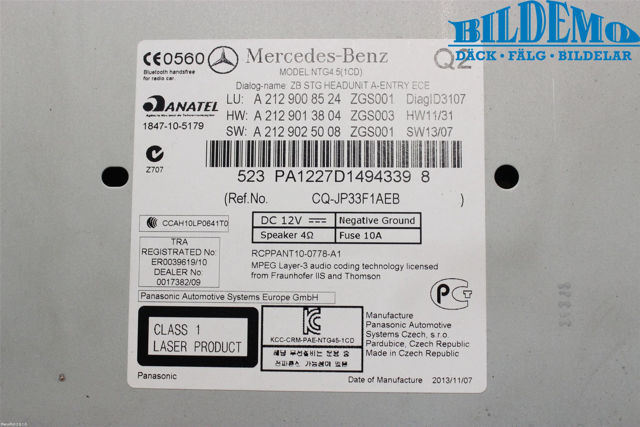 Mercedes-Benz MB E-KLASS (W212) 09-16 Stereo Radio Med Cd