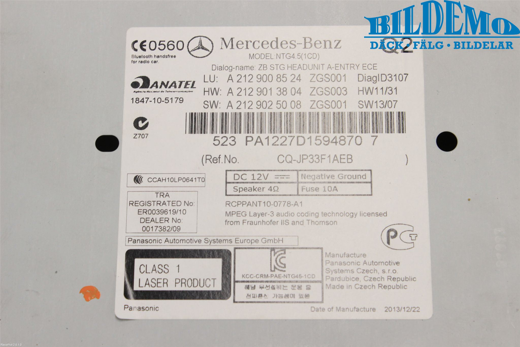 Mercedes-Benz MB E-KLASS (W212) 09-16 Stereo Radio Med Cd