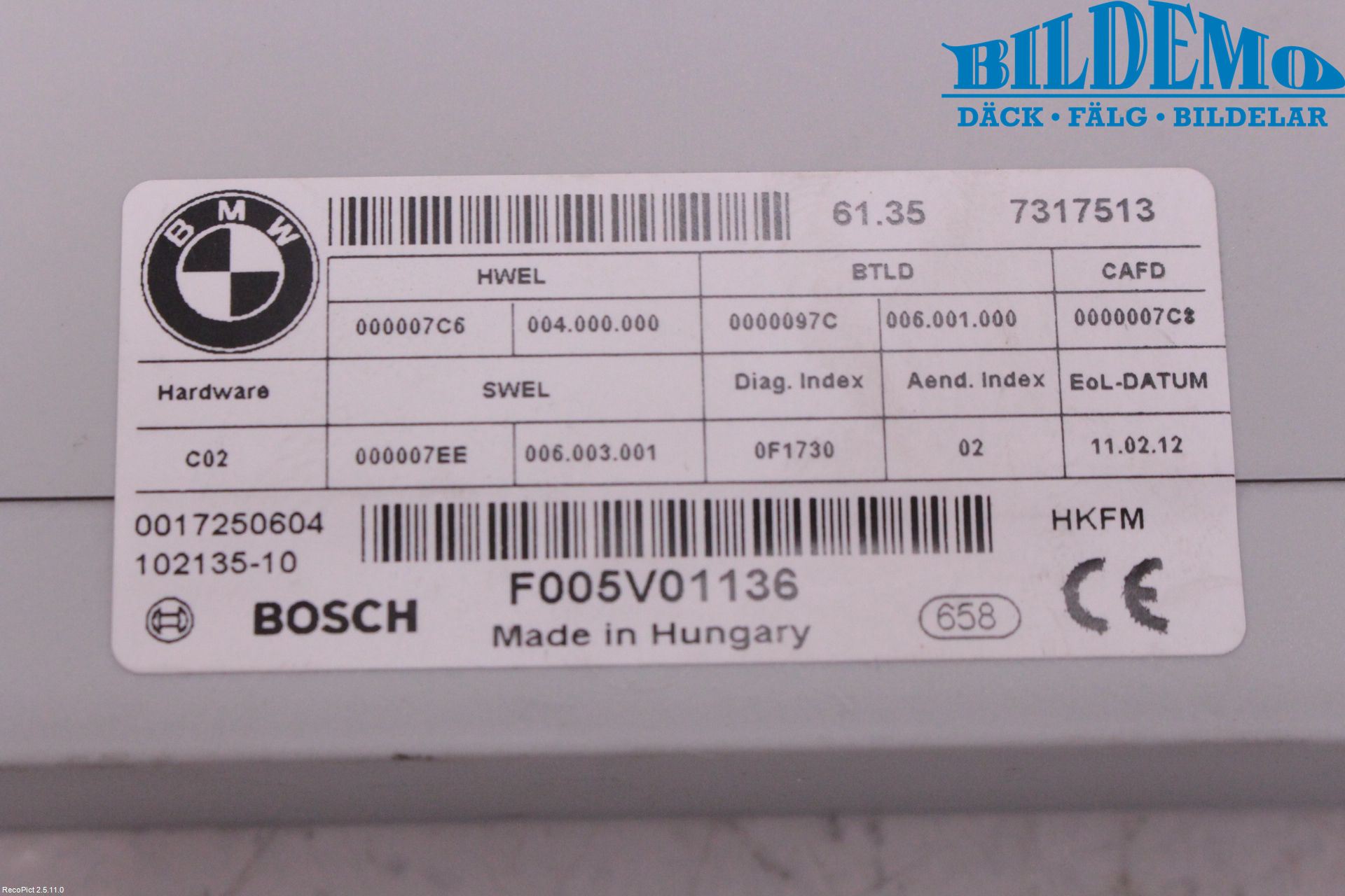BMW 5 F10/F11/F18 09-17 Styreenhet Øvrig