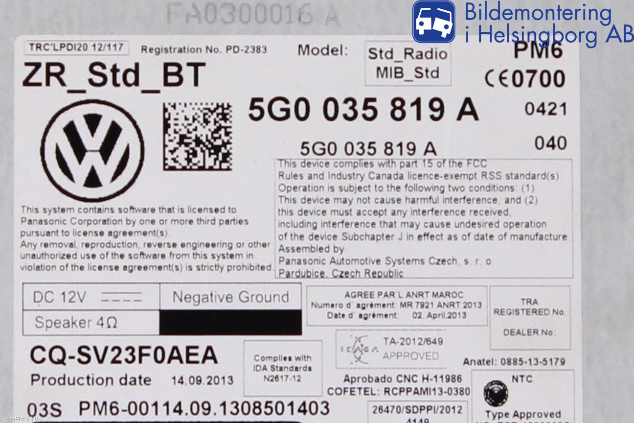 Volkswagen VW GOLF / E-GOLF VII 13-20 Stereo Radio Med Cd