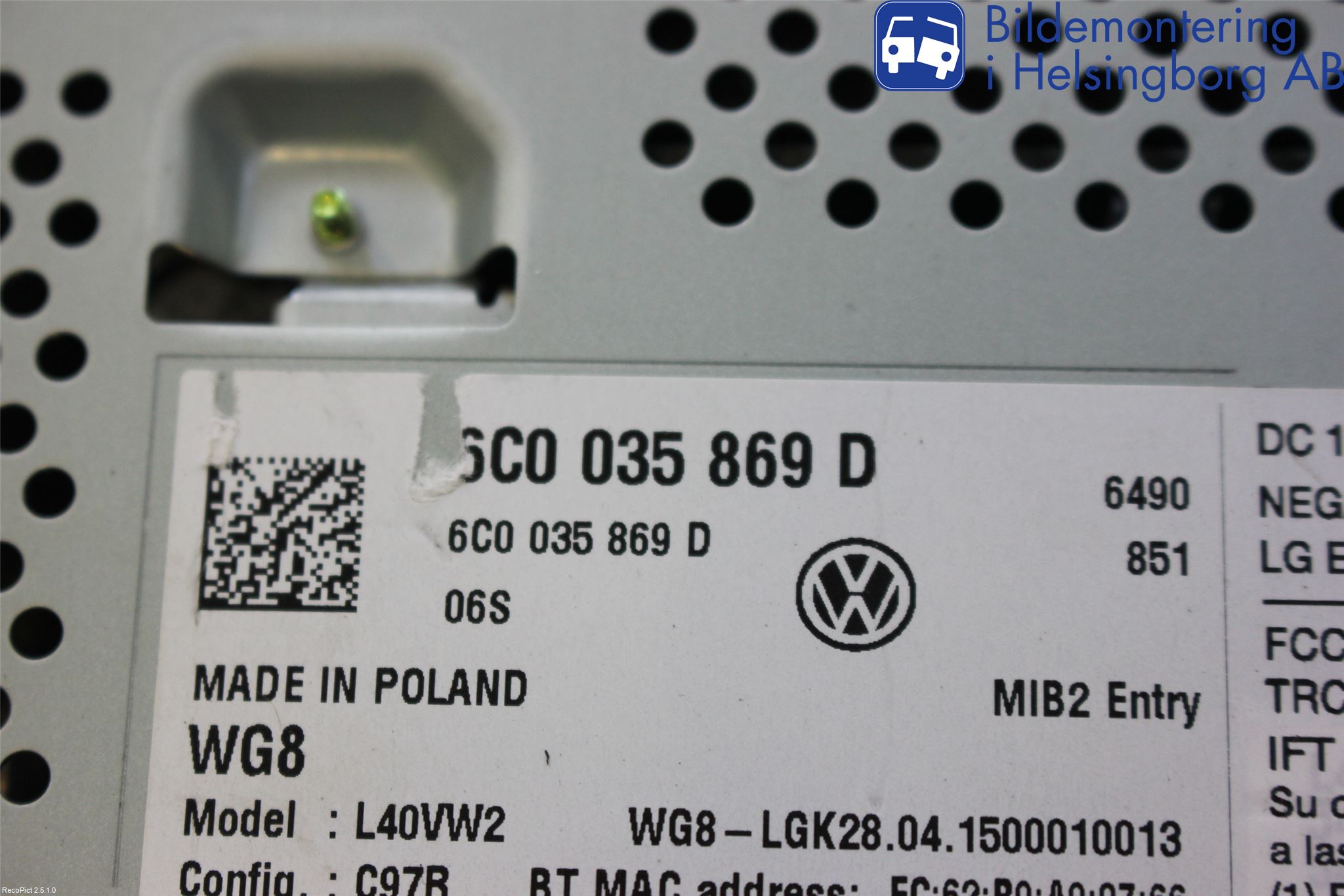 Volkswagen VW POLO 10-17 Stereo Radio Med Cd