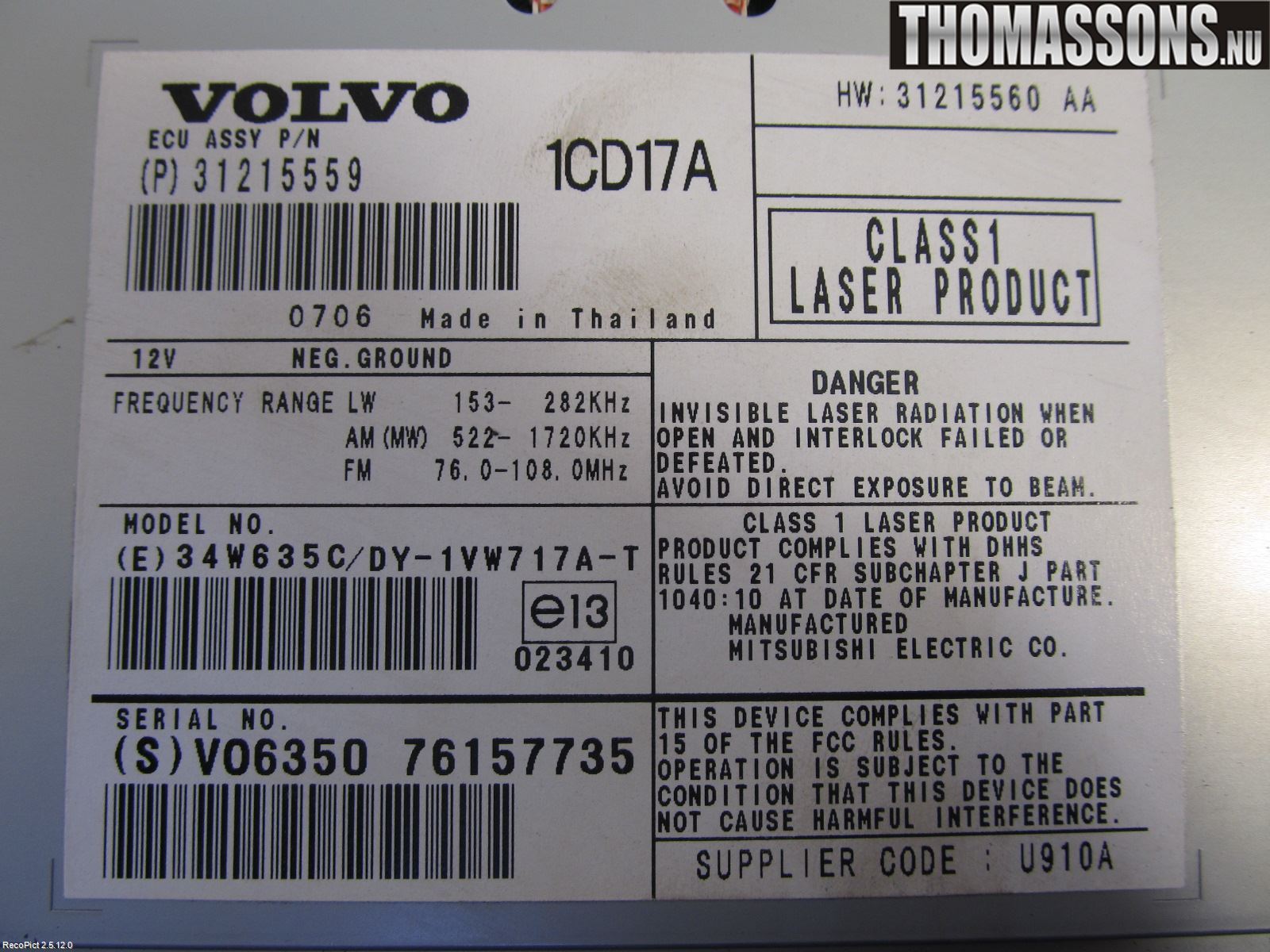 Volvo C30 07-10 Stereo Radio