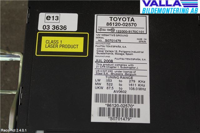 Toyota AURIS 07-09 Stereo Radio Med Cd