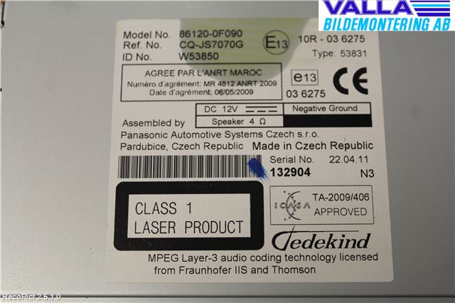 Toyota VERSO 09-18 Stereo Radio Med Cd