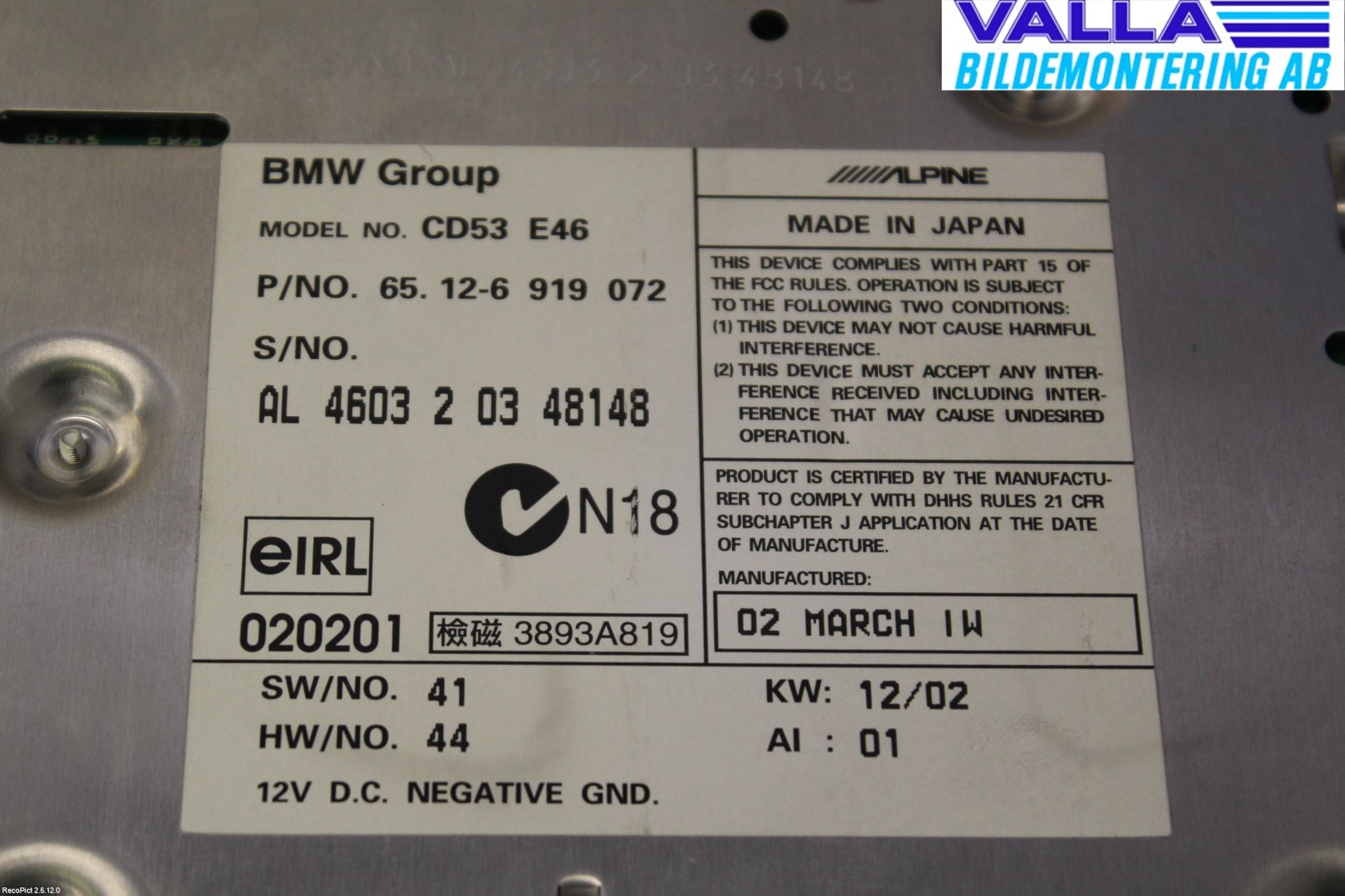 BMW 3 E46      98-05 Stereo Radio Med Cd